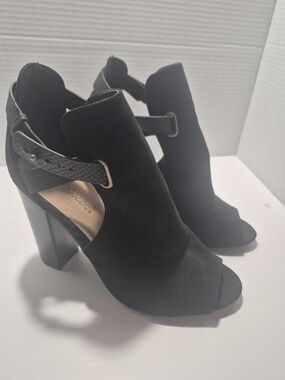 Black Suede Cutout Open-Toe Block Heel Booties